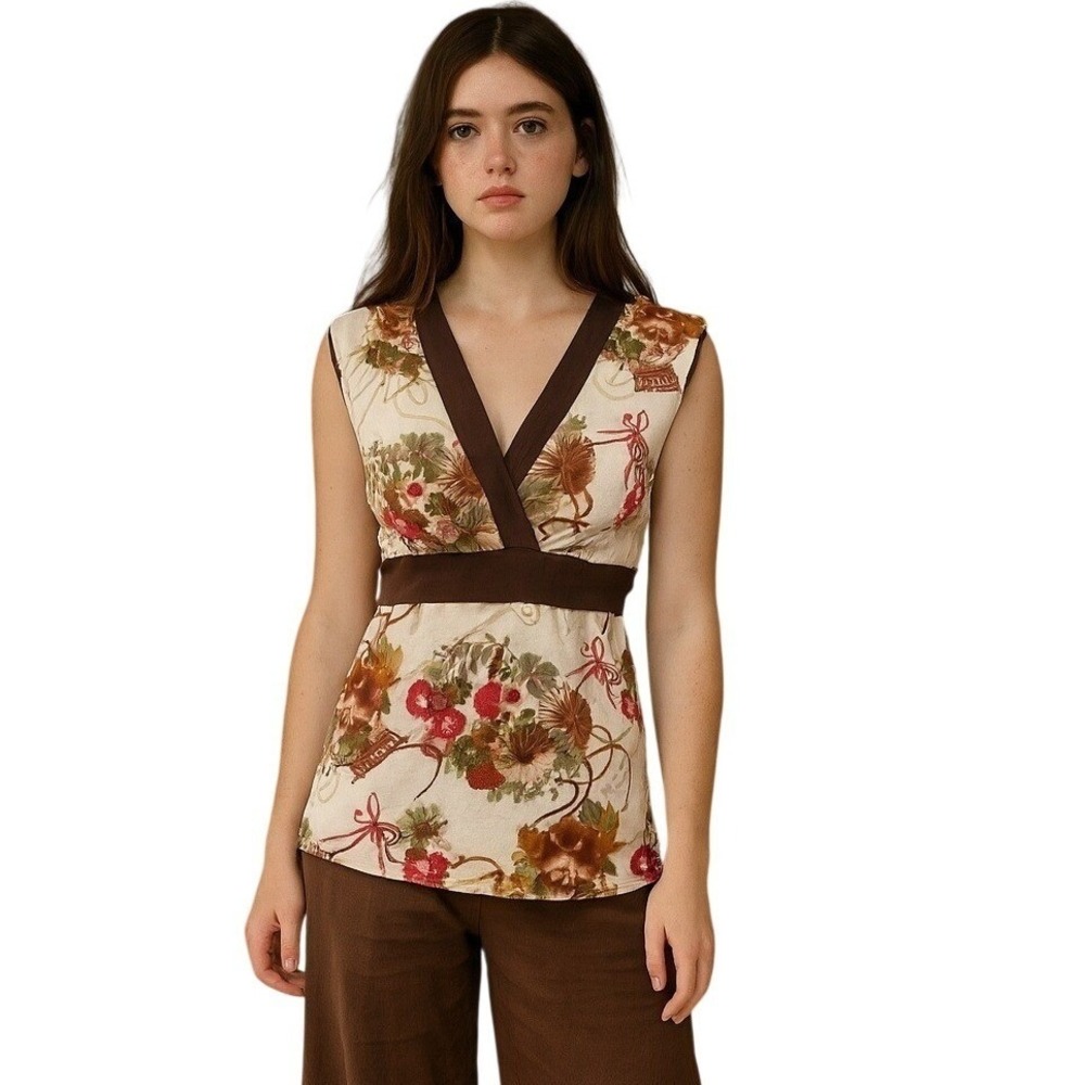 Vintage Womens Babydoll Shirt ‎ Floral Print Sleeveless Blouse Bohemian Tie Back